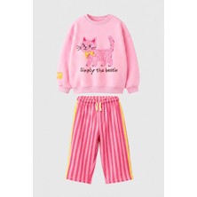 Monila Kız Çocuk Pembe Kedi Baskılı Sweatshirt ve Pembe Çizgili Eşofman Alt Üst Takım