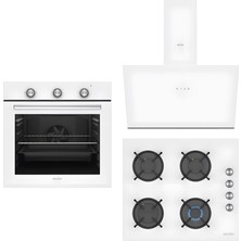Simfer 3'lü Beyaz Cam Ankastre Set SB8202 3048 Ng Turbo Fırın Ocak Davlumbaz