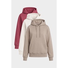 Yeni Standart Kapüşonlu 3lü Paket Ekru-Yaban Gülü-Koyu Bej Kadın Sweatshirt - 97321