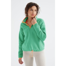 Su Yeşili Yarım Fermuar Etek Ucu Büzgülü Dik Yaka Standart Kalıp Kadın Polar Sweatshirt - 97234