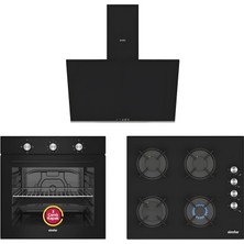 Simfer 3'lü Ankastre Set Siyah Cam 73 Lt Turbo Fırın 4 Gözlü Ocak Davlumbaz