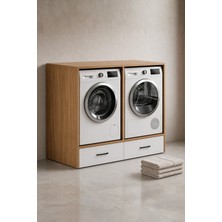 Rudu Lora Çamaşır ve Kurutma Makinesi Dolabı, Banyo Dolabı 130X65X118 cm 2 Çekmeceli - Beyaz-Meşe