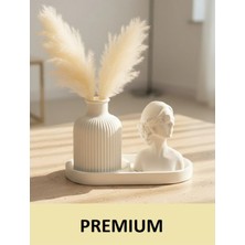 Canseb Elegance Beyaz Çimento Üçlü Dekoratif Obje Set - Oval Tepsi, Pampas Vazosu ve Prenses Kız Biblo