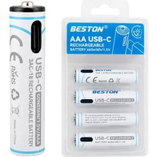 Uravas Store Beston 3AC-18 Aaa 1.5V 660MWH Type-C Şarj Edilebilir 4'lü Li-Ion Lityum Ince Pil Seti