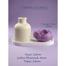 Canseb Elegance Premium - Antik Bej Çizgili Vazo - Mor Lotus Mumluk - Dekoratif Set