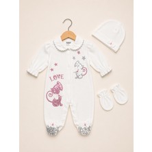 Kardeşler Bebe Kedi Nakışlı Kız Bebek Tulum Seti (Eldiven + Şapka)
