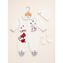 Kardeşler Bebe Kedi Nakışlı Kız Bebek Tulum Seti (Eldiven + Şapka)