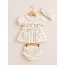 Kardeşler Bebe Çiçek Nakışlı Kız Bebek Takım 3 Parça Yazlık Pamuklu Elbise Şort & Bandana