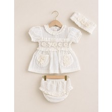 Kardeşler Bebe Çiçek Nakışlı Kız Bebek Takım 3 Parça Yazlık Pamuklu Elbise Şort & Bandana