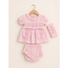 Kardeşler Bebe Çiçek Nakışlı Kız Bebek Takım 3 Parça Yazlık Pamuklu Elbise Şort & Bandana