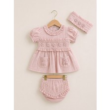 Kardeşler Bebe Çiçek Nakışlı Kız Bebek Takım 3 Parça Yazlık Pamuklu Elbise Şort & Bandana