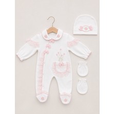 Kardeşler Bebe Dantelli Çiçek Nakışlı Kız Bebek Tulum Bere Eldiven Seti