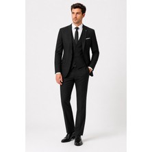 Bihan Store Erkek 6 Drop Yelekli Takım Elbise  - Ceket Pantolon ve Yelek 63141 - Siyah