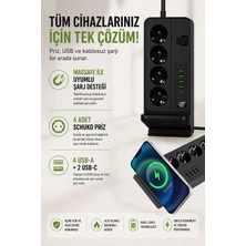 CoverZone Dikey Çoklu Priz, 4 Schuko Priz, 4 Usb-A + 2 Usb-C, Magsafe ile Uyumlu Şarj, 3.4A USB Çıkışı, Açma Kapama Anahtarlı, 2 Metre Kablolu Masaüstü Power Socket Siyah | G12