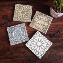 Etnik Desen Taş Bardak Altlığı Seti - 4 Parça - Dekoratif, Rustik Mutfak Aksesuarı, 10X10 Cm,