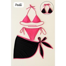 Uluvora Kadın Fuşya Siyah Pareolu Yandan ve Boyundan Bağlamalı 3'LÜ Bikini Takım? - 9613-3885