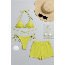Lizbon Center Kadın 3'LÜ Set Fosforlu Şortlu ve Yandan Bağlamalı Bikini Mayo Takımı - HBSBLC7437-4478