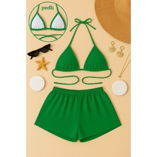 Uluvora Kadın Yeşil Şortlu Belden ve Boyundan Bağlamalı Bikini Takımı - 9764-4957