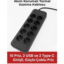 1.bufferakım Korumalı Termal Uzatma Kablosu – 10 Priz, 2 USB ve 2 Type-C Girişli, Güçlü Çok