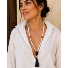 Sinem Şanlı Atelier Beyaz Oniks Taşlı Uzun Püskül Kolye El Yapımı Cam Boncuk Turkuaz Detaylı & Sade Model 72 cm Kutulu Kolye