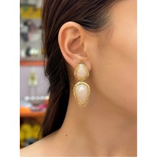 Bymiel Kadın Gold Renk Krem Taşlı Ikili Sallantılı Küpe