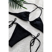 Kadın Siyah Yandan Bağlamalı Tangalı Üçgen Bikini Mayo Takımı - SPTROT1758-9630