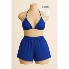 Kadın Mavi Şortlu Belden ve Boyundan Bağlamalı Bikini Takımı - SPTROT5361-7933