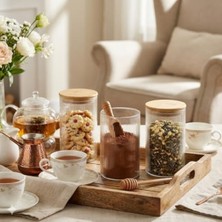 Aesco 300 ml Bambu Kapaklı Yuvarlak Çizgili Cam Kavanoz