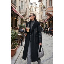 Lela Kadın Oversize Uzun Kaban  Polyester Kapüşonlu Düz Siyah Model 6810295