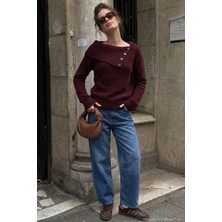 Lela Premium Regular Fit Kayık Yaka Düğme Detaylı Kazak Bayan Kazak 680KZ002563