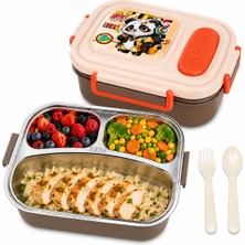 Muzeko 3 Bölmeli Paslanmaz Çelik Yemek Kabı Sızdırmaz Kapaklı, Taşınabilir Beslenme Kabı Çatal Kaşık Hediye Krem 882 100ML