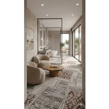 Nesrin Modern Kahve Gri Etnik Desen Kaymaz Jel Taban Halı