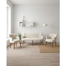 Azra Mobilya Roma 3+1+1 Keten Kumaş Balkon Ofis Çay Seti Bekleme Koltuk Takımı - Ahşap Ayak - Krem