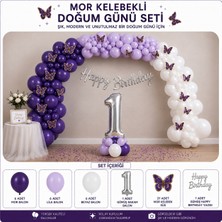 Çavuş E-Ticaret Mor Kelebekli Parti Seti,mor Lila Beyaz Balonlu Doğum Günü Seti 1 Yaş Doğum Günü Seti
