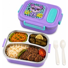 Muzeko 3 Bölmeli Paslanmaz Çelik Yemek Kabı Sızdırmaz Kapaklı, Taşınabilir Beslenme Kabı Çatal Kaşık Hediye Mor 882 1000ML