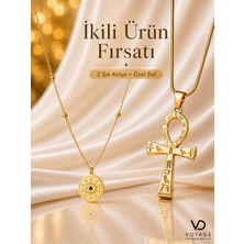 Voyage Accessory Ikili Kolye Seti Gold Serisi Mısır Mitolojisi Ra Göz ve Yaşam Anahtarı Ankh Kolye