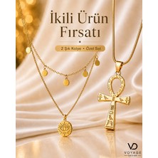 Voyage Accessory Ikili Kolye Seti Gold Serisi Mısır Mitolojisi Ra Göz ve Yaşam Anahtarı Ankh Kolye