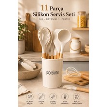 Porsima 3163 Standlı Ahşap Silikon 11 Parça Servis Takımı Seti Beyaz