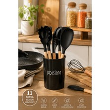 Porsima 3165 Standlı Bambu Silikon 11 Parça Servis Takımı Seti Siyah