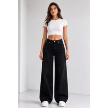 Kadın Siyah Palazzo Jean | Yüksek Bel Geniş Paça Denim Pantolon | Lyvens