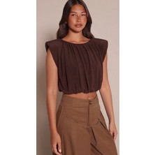 Linichandco Kadın Dökümlü Luxury Collection Vatkalı Kolsuz Şık Crop Bluz 9418