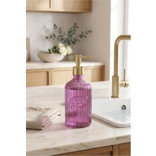 Klarhaus Glassy Dekoratif Cam Sabunluk – Gold Pompalı Vintage Çizgili Sıvı Sabun ve Deterjan Dispenseri - 21.5 cm x 8 cm -