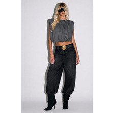 Linichandco Kadın Dökümlü Luxury Collection Vatkalı Kolsuz Şık Crop Bluz 9418