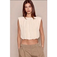 Linichandco Kadın Dökümlü Luxury Collection Vatkalı Kolsuz Şık Crop Bluz 9418