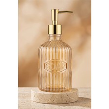Klarhaus Glassy Dekoratif Cam Sabunluk – Gold Pompalı Vintage Çizgili Sıvı Sabun ve Deterjan Dispenseri - 21.5 cm x 8 cm -