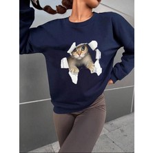 Gökyüzü Moda Kadın Uzun Kollu Bisiklet Yaka Kedi Desenli Viskon Iki Iplik Bluz