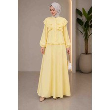 Fırfır Detaylı Düğmeli Uzun Tesettür Elbise - Pastel Sarı