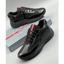 Evlium Prada America's Cup Siyah Deri ve File Erkek Sneaker
