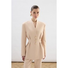 Sateen Gold Düğmeli Uzun Ceket - Bej