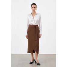 Sateen Kuşaklı Kalem Etek - Kahve